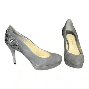 GIANNI BINI Gray Suede Stiletto Pumps w/ Bead and Rhinestone Detail Size 6M